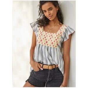 Anthropologie Basel Embroidered Tunic Blouse Blue Stripe Size 6 NWT